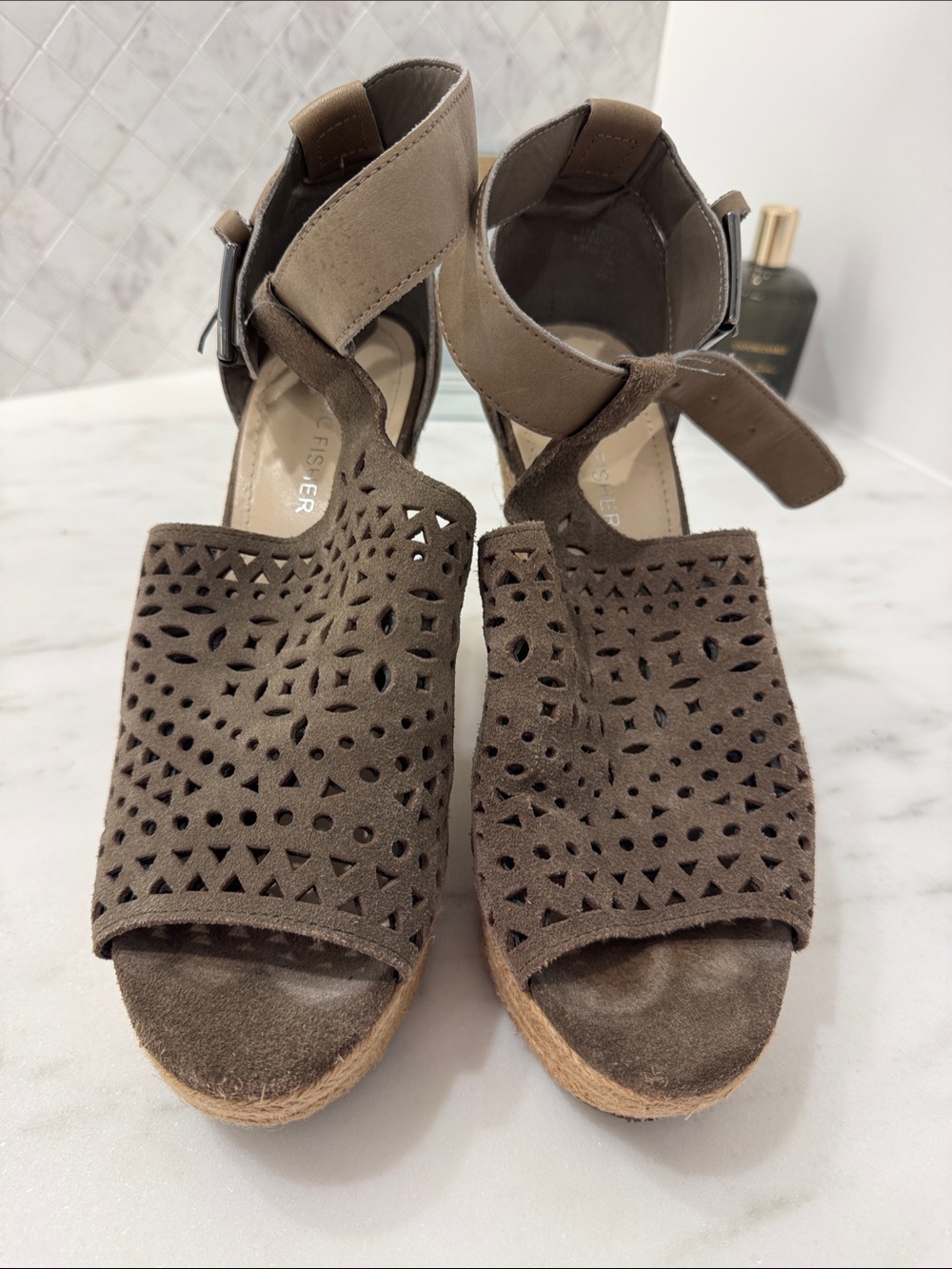 Marc Fisher Taupe Laser-Cut Espadrille Wedges